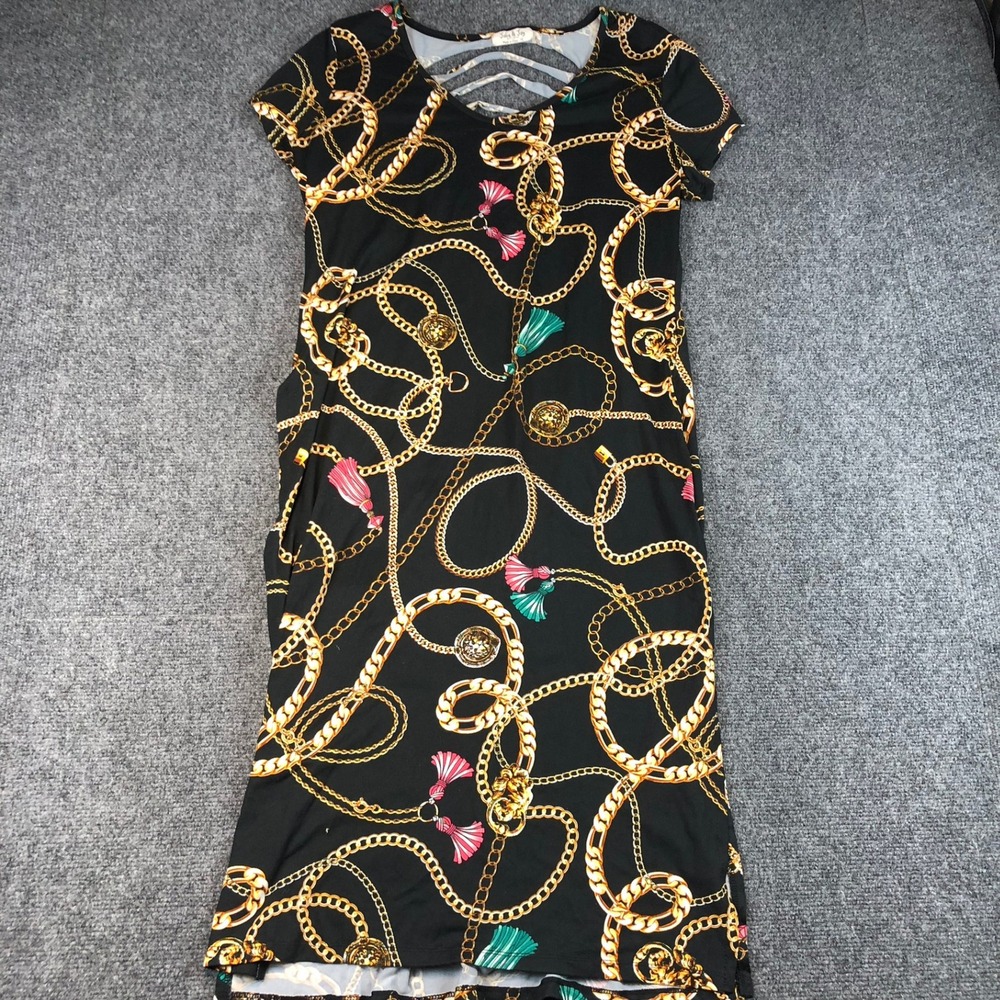 Jolie Joy Black Gold Chain Tassel Print Short Sleeve Dress Size TX
